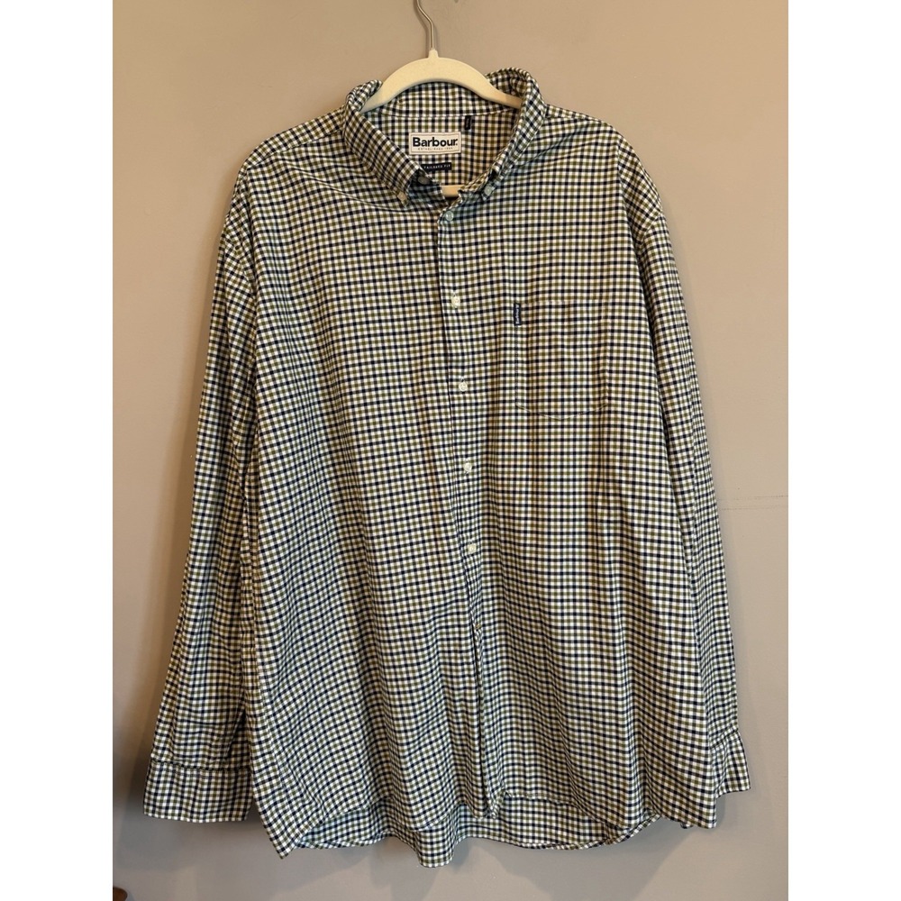 Barbour Button Down Shirt Mens XXL Tailored Fit Blue Green Gingham Plaid Logo